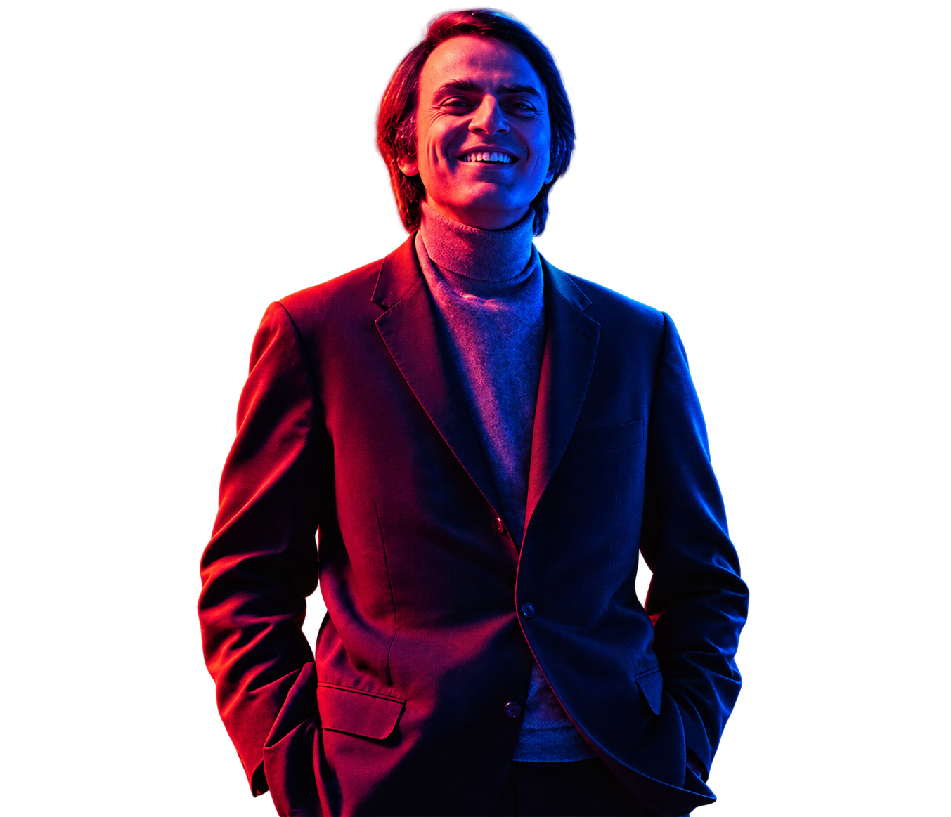 Carl Sagan sonriendo, iluminado con luces fucsia y azul